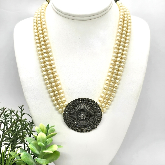 Heidi Daus Pave Crystals Belgium Disk 3 Strands Faux Pearls Necklace Choker